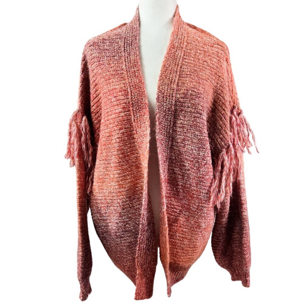 Frye & Co. NWT Orange Red Spacedye Ombre Fringe Trim Slouchy Cardigan Boho